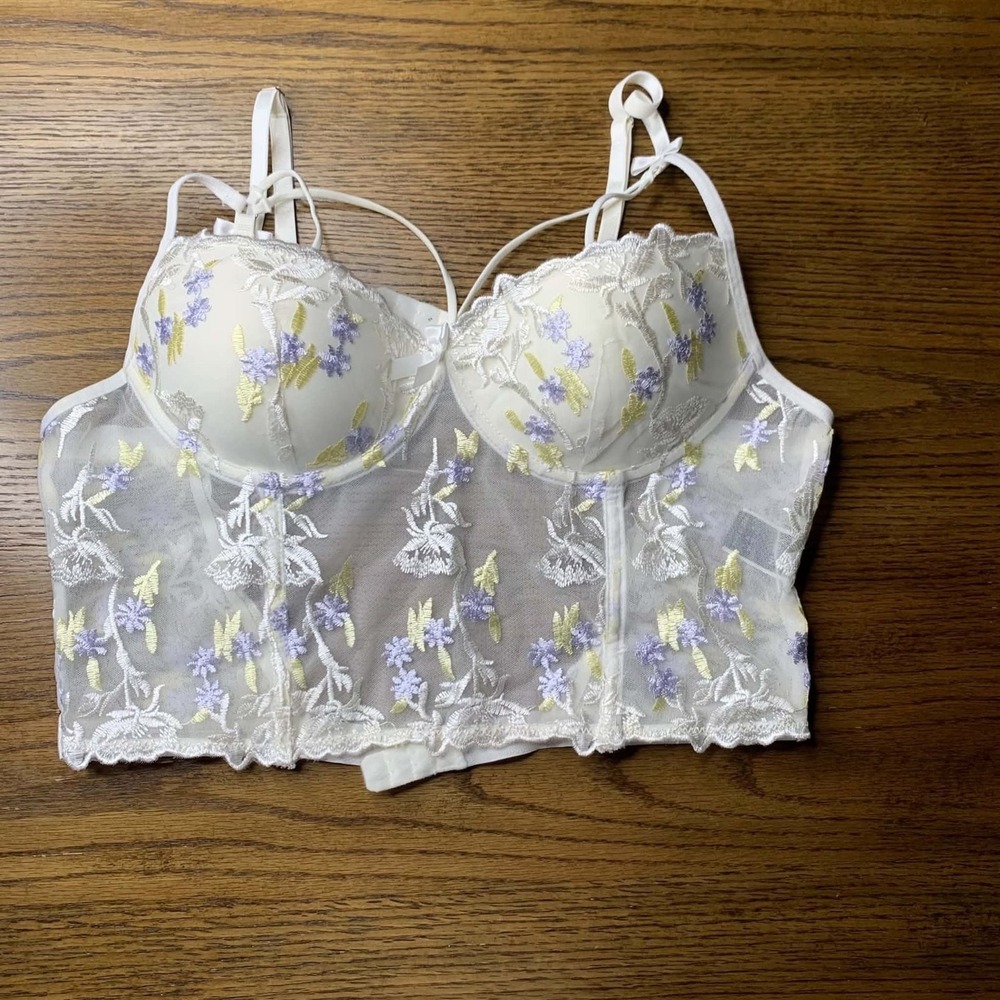SHEIN Floral Embroidered Sheer Corset Top Underwire Bra